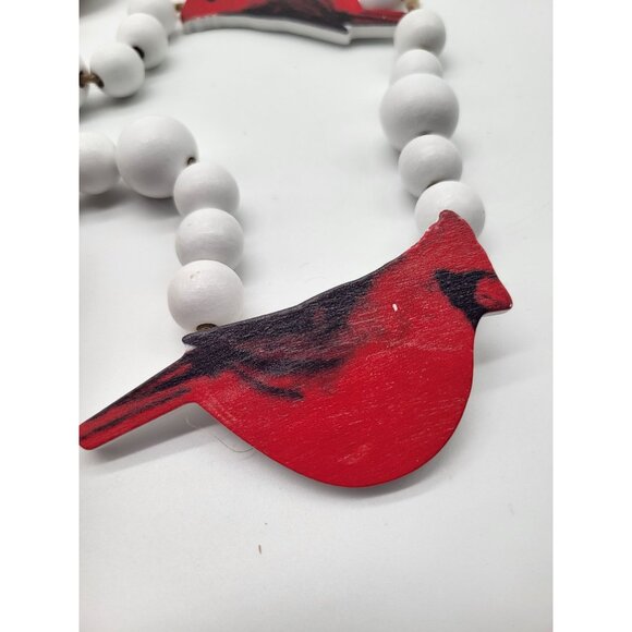 Red Cardinal Bird Wooden Garland White Balls Christmas Holiday 60 Inch Country - Picture 2 of 6